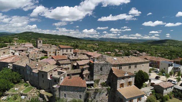 Aerial shot of Vinezac,  a typical French village in Ard&egrave;che with a nice vineyard.