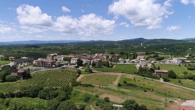 Aerial shot of Vinezac,  a typical French village in Ard&egrave;che with a nice vineyard.
