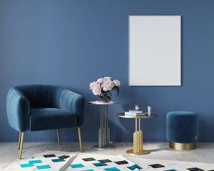 Blue interior with velvet armchair and metal tables