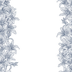 Fototapeta premium Vector seamless border frame with lilies for design template. Decor for invitations, greeting cards, certificate, thank you message. Floral seamless pattern isolated on white background