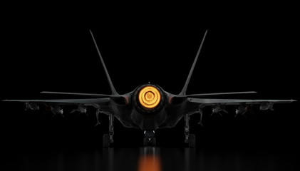 F-35 stealth jet engine is running view from back 3d render