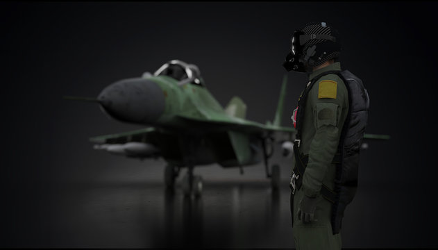 Russian jet fighter pilot looking ad mig-29 mikoyan fighter jet 3d render