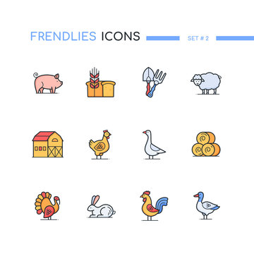 Farm animals and objects - line design style icons set