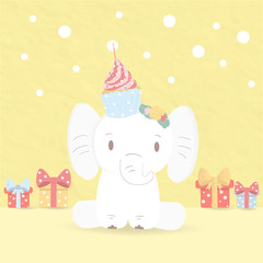 Obraz na płótnie Canvas the sweet cute elephant is sitting on pastel yellow ground with cupcake on her head.the gift boxes put around adorable animal.the kawaii design for pet and birthday valentine party.