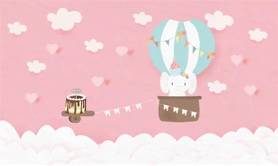 Fotobehang Dieren in luchtballon de lieve olifant zit in de ballon en ze heeft een cupcake op haar hoofd. Het dier brengt verjaardagstaart voor lover.roze hartballonnen stromen op de achtergrond rond de wolk en de blauwe lucht.