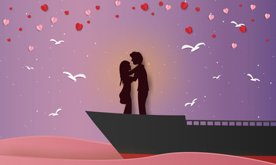 Illustration of valentine day greeting card. Couples in love stand on ship. Paper art and digital art style.