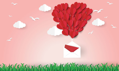 Illustration of valentine day greeting card. Origami made heart balloon with white envelope flying over grass. Paper art style.
