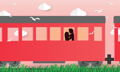 Illustration of valentine day greeting card. Couples stand on train. Paper art and craft style.