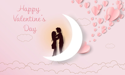 Illustration of valentine day greeting card. Couples in love stand on crescent moon. Paper art and digital art style.