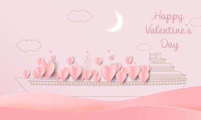 Illustration of valentine day greeting card. Ship carry heart shapes with couples. Paper art and craft style.