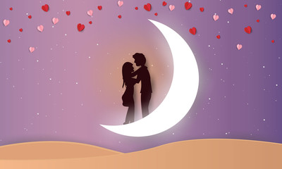 Illustration of valentine day greeting card. Couples in love stand on crescent moon. Paper art and digital art style.