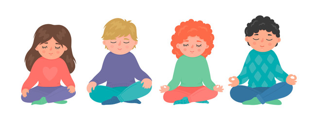 Children meditation set. Group of little girls and boys sitting in lotus pose and meditating. Cute yoga, mindfulness, relax vector illustration isolated on white background.