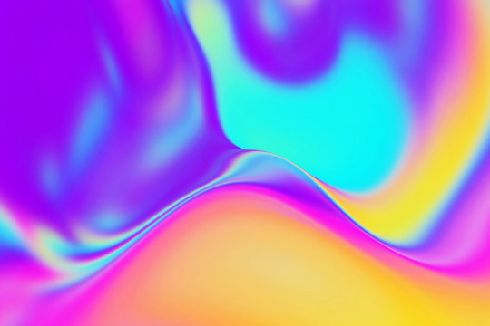 Abstract holographic rainbow color background. Real hologram iridescent surface. Vibrant wallpaper of smooth liquid flows. Bright gradient fashionable holo fluid.