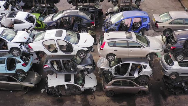 Large Salvage Car parts and Vehicles lot, Aerial view.