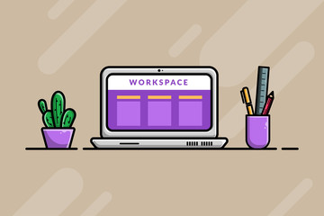 Laptop Workspace vector illustration on geometric background.