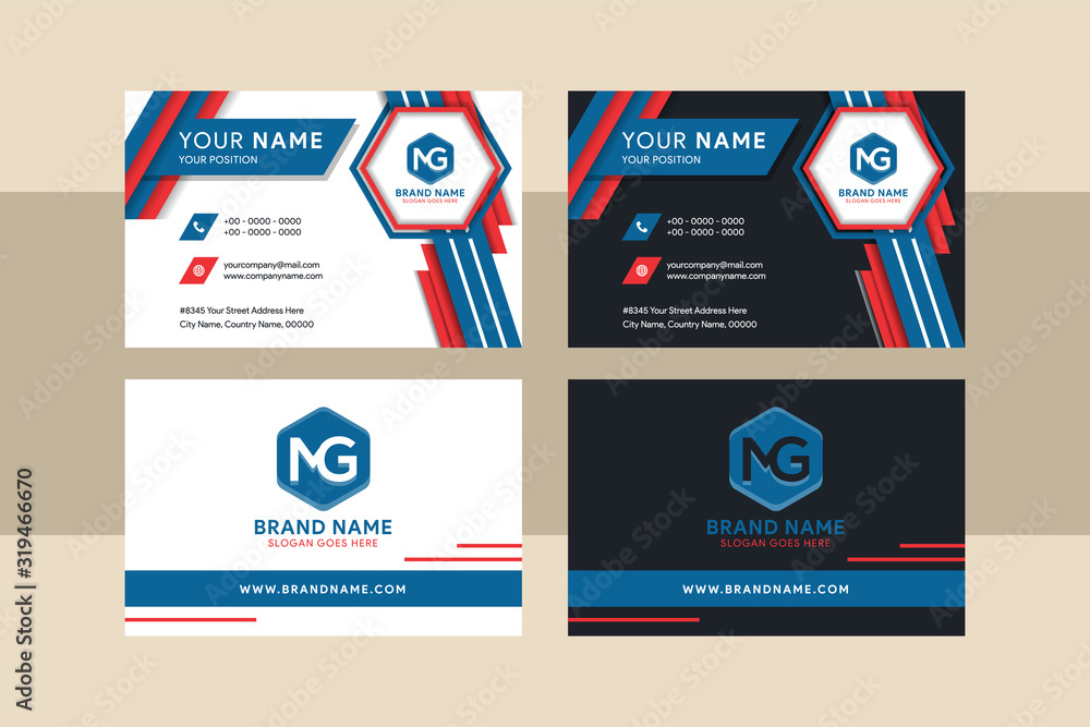 Aufkleber red and blue color of diagonal element design. hexagon space for logo. modern business card with whi