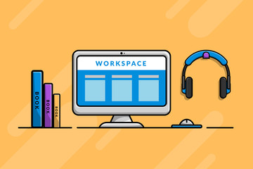 Computer Workspace vector illustration on geometric background.
