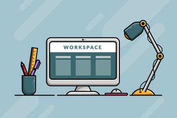 Computer Workspace vector illustration on geometric background.