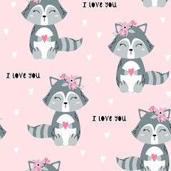 Seamless pattern with cute raccoon.