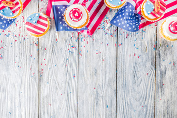 Independence Day July 4 congratulations background. Veterans Day. American Constitution holiday. USA American tradition greeting card. Patriotic home cupcakes with americas symbols decor