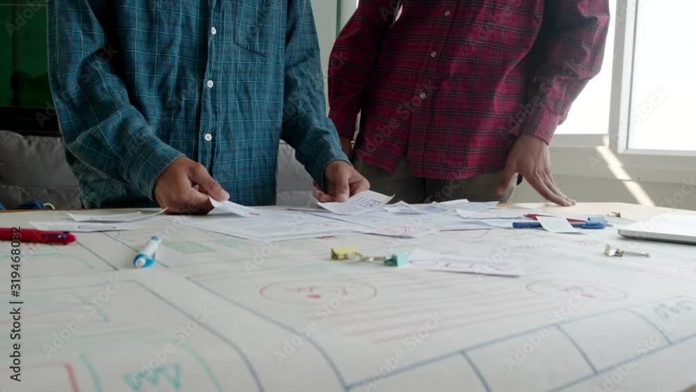 Poster web designer working laptop responsive design. creative ui ux designer teamwork meeting planning des