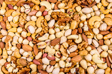 Background of the various nuts (almond, cashew, hazelnut, pistachio, walnut). Vegetarian meal. Healthy eating concept