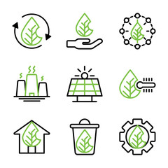 Ecology and natural icon set outline include recycle,tree,ecology,nature,hand,plant,power,energy,factory,solar panel,sunlight,natural,temperature,thermometer,green,house,leaf,trash,setting,gear