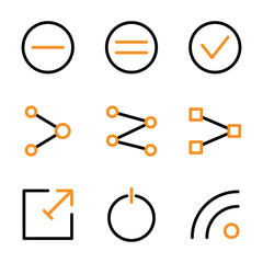 Basic user interface icon set outline include network, connection, internet, setting, gear, configuration, option, close, padlock,locked,safety,open,signal,barr,activity,eyes,security,eye
