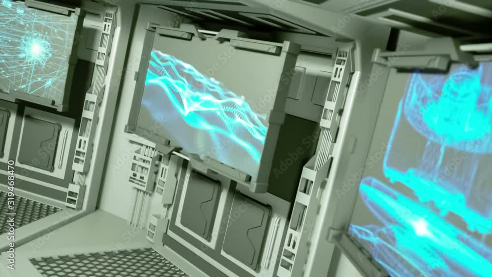 Poster generic abstract high tech interior rotating, with monitor screens displaying blue abstract motion b