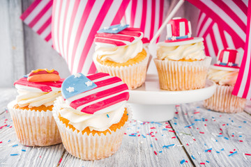 Independence Day July 4 congratulations background. Veterans Day. American Constitution holiday. USA American tradition greeting card. Patriotic home cupcakes with americas symbols decor