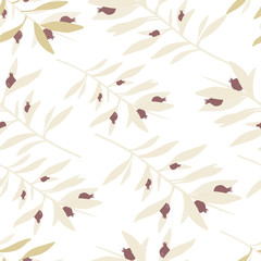 Seamless pattern with geometric branch leaves in retro style. Summer tropical leaf.