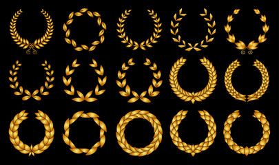 Collection of different golden silhouette circular laurel foliate, wheat and oak wreaths depicting an award, achievement, heraldry, nobility. Vector illustration.