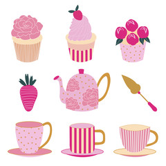 Clip art set of cupcakes, strawberry, teapot, teacups, and a cake server.