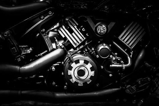 Motorcycle engine block closeup chopper bike vintage tone industrial arts and design.