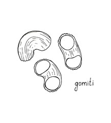 Hand drawn sketch illustration of Pasta Gomiti with lettering Gomiti isolated on white