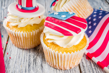 Independence Day July 4 congratulations background. Veterans Day. American Constitution holiday. USA American tradition greeting card. Patriotic home cupcakes with americas symbols decor