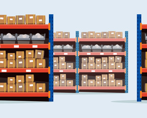 Warehouse logistics center with racks and boxes