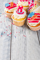 Independence Day July 4 congratulations background. Veterans Day. American Constitution holiday. USA American tradition greeting card. Patriotic home cupcakes with americas symbols decor