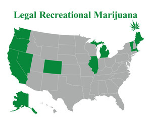 USA map of states where marijuana is legal for recreational purposes
