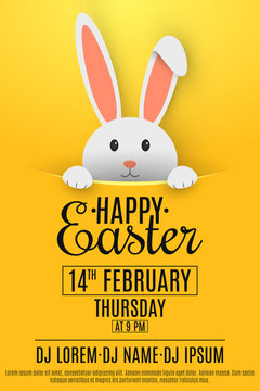 Flyer for Easter party. Cartoon cute bunny looking out of a cut hole. Invitation gift card. DJ and club name. Vector Illustration