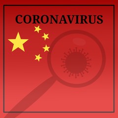 On the red background of the star of the flag of China-also the word coronavirus and a magnifying glass, under which you can see the virus, copy space for text.
