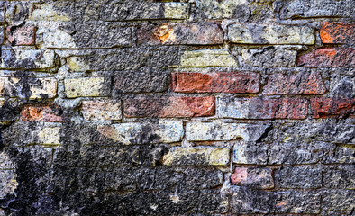 Detailed close up view on aged and cracked brick walls