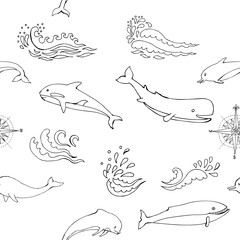 Nautica seamless pattern with sea animals and waves - 319472406