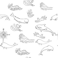 Nautica seamless pattern with sea animals and waves - 319472408