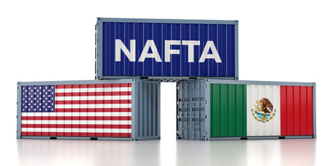 NAFTA - Freight container with USA and Mexico national flag - 3d Rendering - obrazy, fototapety, plakaty