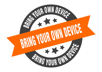 bring your own device sign. bring your own device round ribbon sticker. bring your own device tag