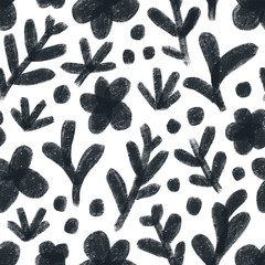 Black and white hand drawn abstract flowers, seamless pattern illustration