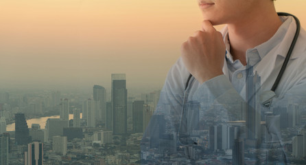 The doctors find a way to cure the disease coronavirus over the cityscape background. Concept of...