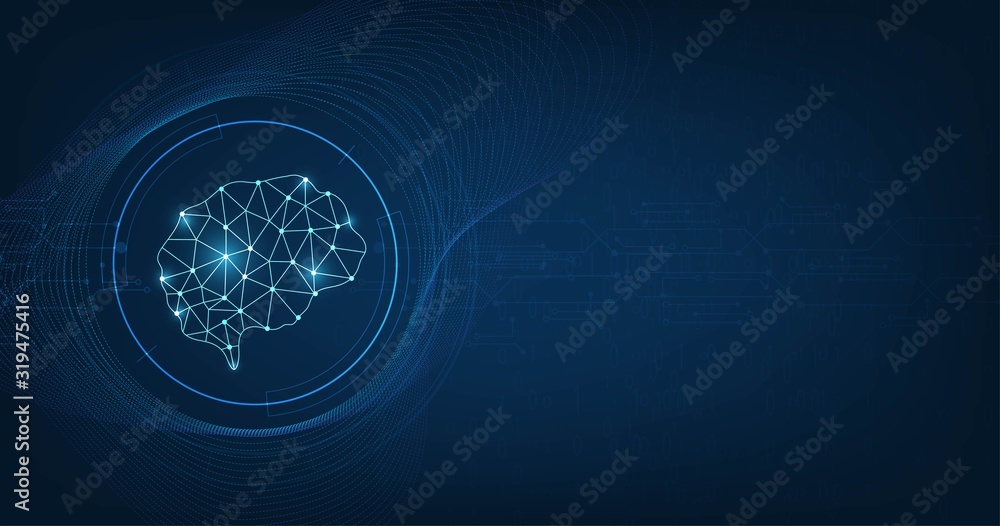 Poster technology concept.vector abstract polygonal human brain shape of an artificial intelligence with li