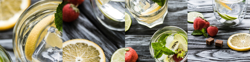 collage of sliced lemons, limes and strawberries near cocktails